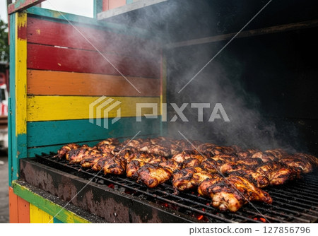 Authentic Jamaican Jerk chicken grilling with smoke on a vibrant BBQ Authentic Jamaican Jerk chicken grilling with smoke on a vibrant BBQ 127856796