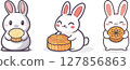 Cartoon rabbit holding moon cake illustration 127856863