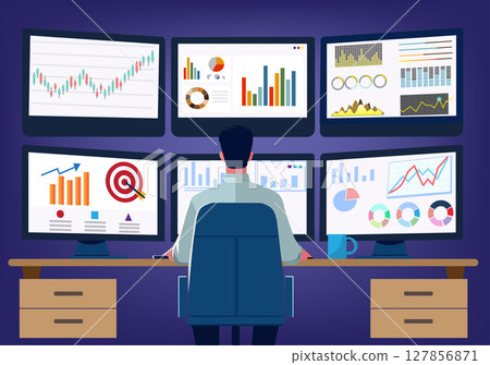 Illustration of a man analyzing data on multiple screens. Illustration of a man analyzing data on multiple screens. 127856871