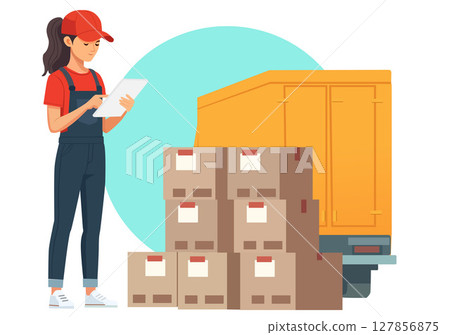 Illustration of a professional female employee checking the product before shipping. 127856875