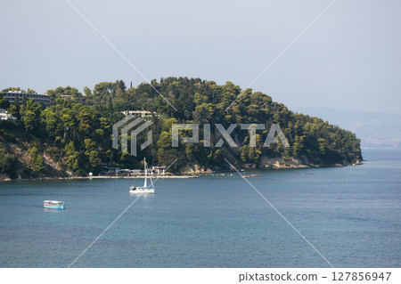view of Vlacherna monastery island at sunrise, Kanoni, Corfu island Greece view of Vlacherna monastery island at sunrise, Kanoni, Corfu island Greece 127856947