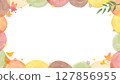 Autumn watercolor frame background. Round pattern with autumn leaves, cute hand drawn illustration 127856955