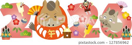 2026年馬年賀年卡插圖（達摩馬和新年裝飾） 127856962