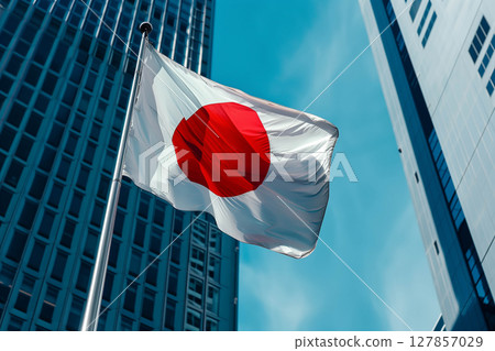 Japan flag with office building. 127857029