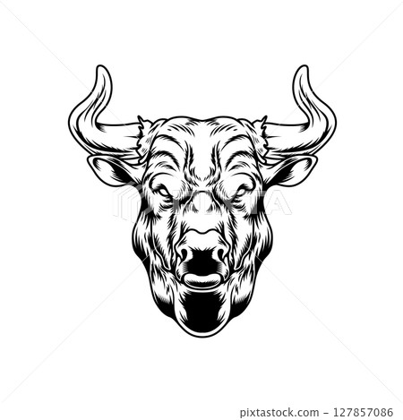 Illustration of bull head in engraving style. Design element for logo, label, sign, emblem, badge. Vector illustration of a bull 127857086