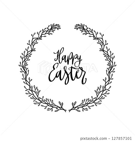 Happy Easter. Lettering phrase with wreath isolated on white background Happy Easter. Lettering phrase with wreath isolated on white background 127857101