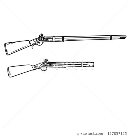 Illustration of old mushket gun isolated on white background. Design element for emblem, sign, poster, badge. Vector illustration Illustration of old mushket gun isolated on white background. Design element for emblem, sign, poster, badge. Vector illustration 127857125