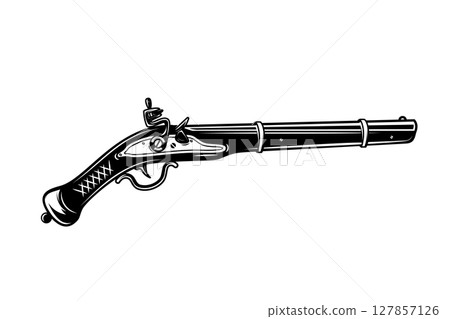 Illustration of old mushket gun isolated on white background. Design element for emblem, sign, poster, badge. Vector illustration Illustration of old mushket gun isolated on white background. Design element for emblem, sign, poster, badge. Vector illustration 127857126