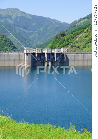 View of Tomisato Dam from Seino Observation Plaza in Shikokuchuo City, Ehime Prefecture View of Tomisato Dam from Seino Observation Plaza in Shikokuchuo City, Ehime Prefecture 127857228