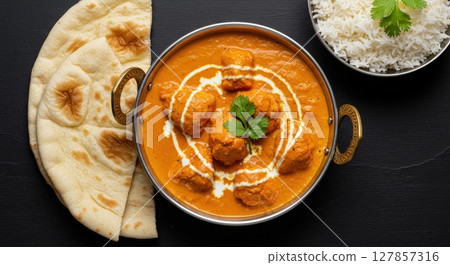 Rich indian butter chicken with fluffy basmati rice and warm naan bread on black 127857316