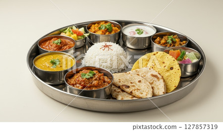 Traditional indian thali platter with assorted vegetarian curries, rice, roti, and condiments 127857319