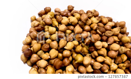 Soaked Brown Chickpeas (Kala Chana) on White Background. High Protein Pulses 127857387