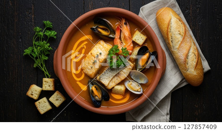 Authentic French Bouillabaisse, a flavorful seafood stew with baguette, served on dark wood 127857409