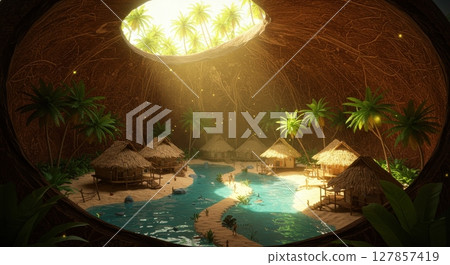 Fantasy tropical village with huts and palm trees inside giant coconut shell with sunlight 127857419