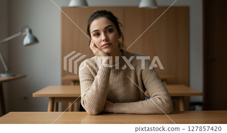 Focused young woman with dark hair sits thoughtfully at a modern office desk indoors 127857420