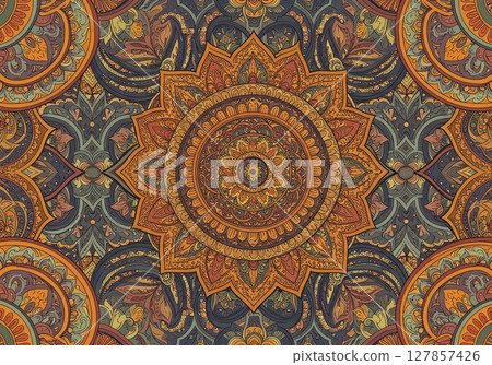 Vibrant intricate bohemian mandala pattern in earthy tones creates a spiritual background design 127857426
