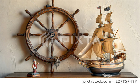 A set of classic sailing ships and helms that evoke the romance of the sea 127857487