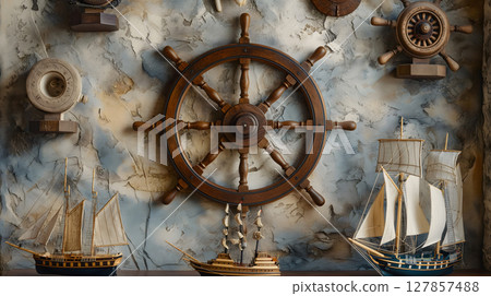 A classic display of steering wheels and sailing ship models that brings to life memories of the sea 127857488