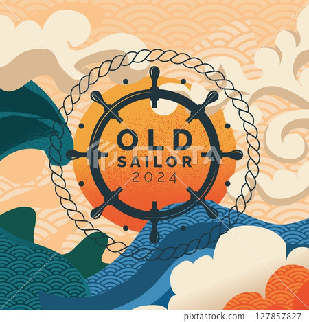 Yacht club. Ship steering wheel. Sailboat rope. Asian sea abstract water waves. Japanese ornament design. Adventure journey. Old sailor. Regatta label. Ocean travel. Marine sport. Vector tour banner 127857827