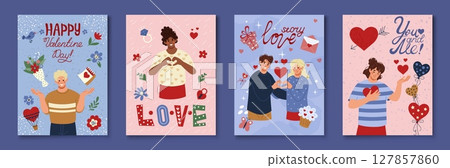 Valentine day cards. 14 February posters. Romance postcard design. Couple hugging and kissing. Red hearts and flowers. Man and woman amour relationship. Vector cartoon flat style isolated illustration Valentine day cards. 14 February posters. Romance postcard design. Couple hugging and kissing. Red hearts and flowers. Man and woman amour relationship. Vector cartoon flat style isolated illustration 127857860