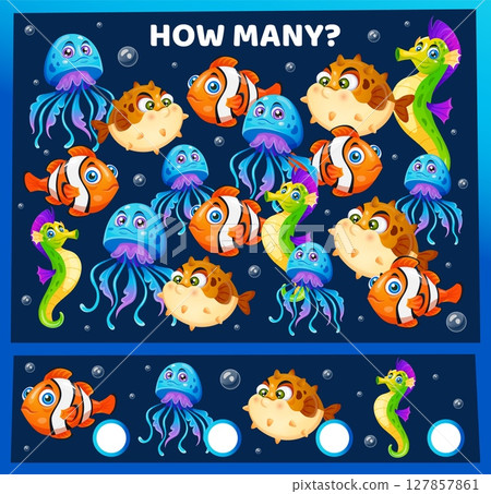 Sea fish. Underwater animals counting. Workbook test. Kids preschool worksheet. How many clownfish and seahorse. Find identical jellyfish. Sorting quiz. Children game. Vector educational puzzle design Sea fish. Underwater animals counting. Workbook test. Kids preschool worksheet. How many clownfish and seahorse. Find identical jellyfish. Sorting quiz. Children game. Vector educational puzzle design 127857861