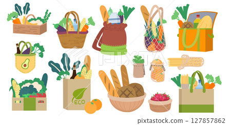 Vegetable icon set. Healthy food in box, paper bag with milk and bread, food network. Fresh supermarket and grocery products. Organic market, ECO store. Vector cartoon flat style isolated illustration 127857862