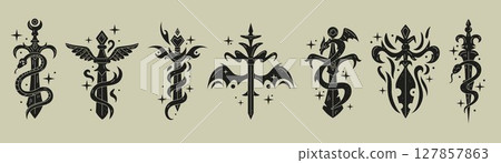 Fantasy sword gothic icon. Occult symbol shape. Medieval blade with dragon wings and skull. Reptile snake. Magic mystical tattoo. Silhouette black line witchcraft dagger. Vector vintage tidy logo set 127857863