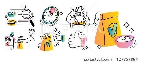 Fast food UI. Delivery express service. Eatery interface element. Online menu sticker. Meal cooking. Accepted order. Courier site sign. Kitchen chef bowl. Search dish. Vector doodle cartoon icons set 127857867