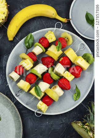 Fruit rainbow kebab, food photography 127857886