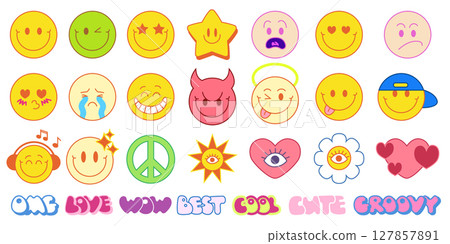 Sticker Y2k. Smile retro icon. Cute hand drawn emoticon. Cartoon happy emoji. Trendy color shapes. Doodle element design. Groovy phrase. Hippie peace symbol. Emotion expression. Vector smile set 127857891