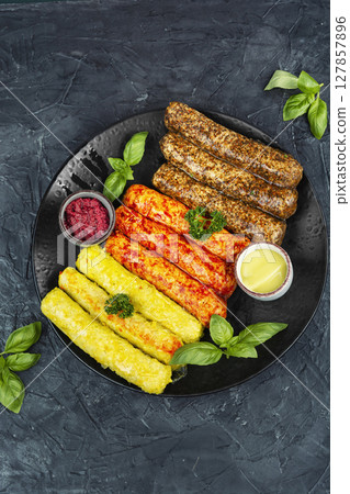 Delicious, uncooked sausages. 127857896