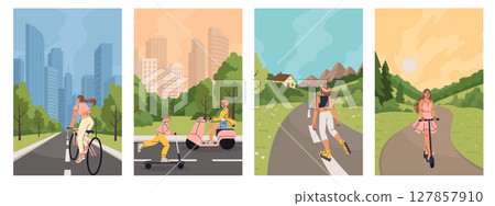 City bicycle. Street skateboard, bike road. Young characters ride scooter and rollers, lifestyle person. Urban transport in landscape, summer travel poster. Vector cartoon flat isolated illustration 127857910