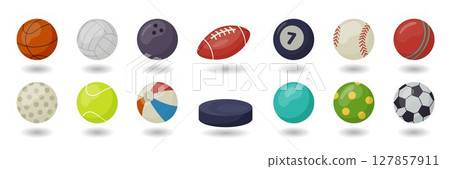 Ball sport. Basketball or volleyball playing. Hockey puck. Tennis shot. Game round objects. Sporting activity. Baseball softball. Rugby training. Soccer competition. Icon flat cartoon. Vector tidy set 127857911