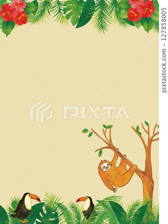 水彩樹懶和大嘴鳥熱帶植物框架垂直 1 127858005