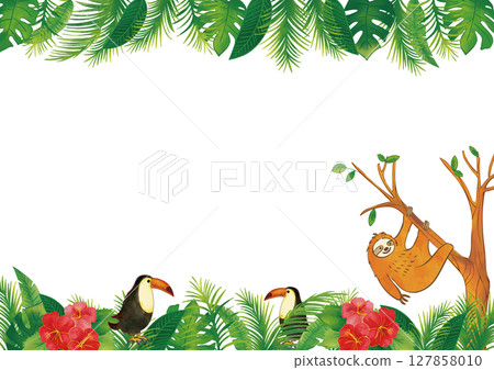 Watercolor sloth and toucan tropical plant frame 2 127858010