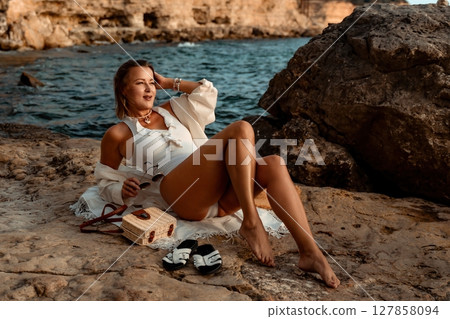 Woman Beach Summer Outfit Rocks Sandy Shore 127858094