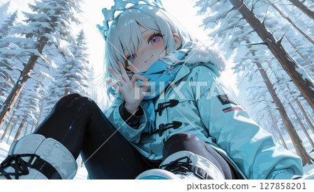 Winter Queen Anime Girl in Snowy Forest Landscape 127858201