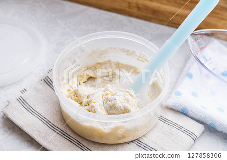 Mix high hydration dough until smooth 127858306