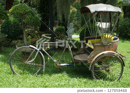Vintage tricycle rickshaw in a garden 127858488