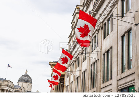 Canadian Flags Lining the Facade of Canada House in London Iconic Westminster District Canadian Flags Lining the Facade of Canada House in London Iconic Westminster District 127858525