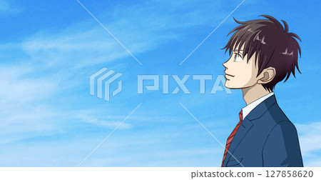 Anime-style illustration of a profile of a male student or working adult in uniform looking up at the blue sky, facing left, with space to the left Anime-style illustration of a profile of a male student or working adult in uniform looking up at the blue sky, facing left, with space to the left 127858620