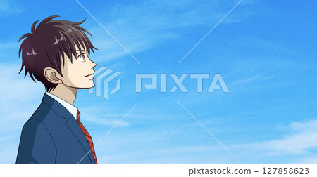 Anime-style illustration of a profile of a male student or working adult in uniform looking up at the blue sky, facing right, with space to the right Anime-style illustration of a profile of a male student or working adult in uniform looking up at the blue sky, facing right, with space to the right 127858623