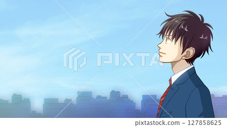 Anime-style illustration of a profile of a male student or working adult in uniform looking up at the blue sky in the city, facing left, with space on the left 127858625