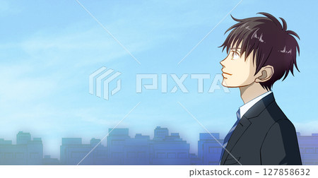 Anime-style illustration of a profile of a male student or working adult in uniform looking up at the blue sky in the city, facing left, with space on the left 127858632