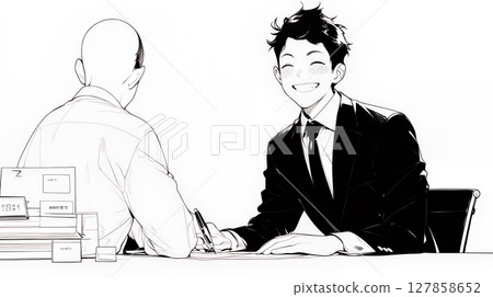 A scene of a meeting (meeting, interview, conference) for two people (simple colors) A scene of a meeting (meeting, interview, conference) for two people (simple colors) 127858652