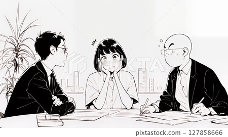 一位商務人士在會議上發表了無意義的言論後感到尷尬(簡單的顏色) 一位商務人士在會議上發表了無意義的言論後感到尷尬(簡單的顏色) 127858666