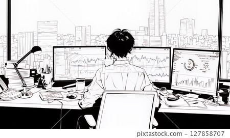 一名男子正在對行銷和交易數據進行定量分析(簡單的顏色) 一名男子正在對行銷和交易數據進行定量分析(簡單的顏色) 127858707