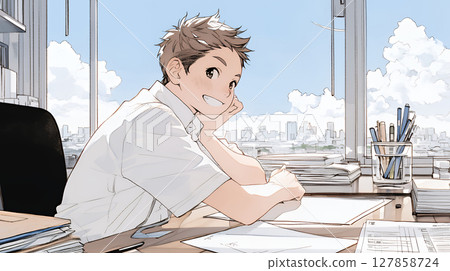 Smiling business person with a great business idea (simple colors) 127858724