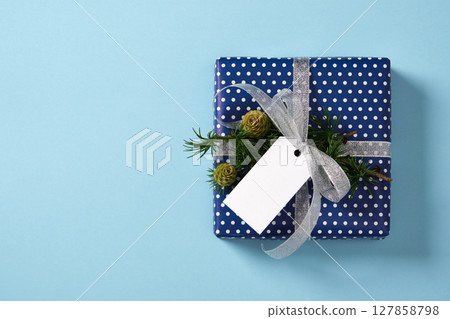 Blue gift box with silver ribbon, larch twig, and blank tag for your text. Blue background, space for text. Blue gift box with silver ribbon, larch twig, and blank tag for your text. Blue background, space for text. 127858798