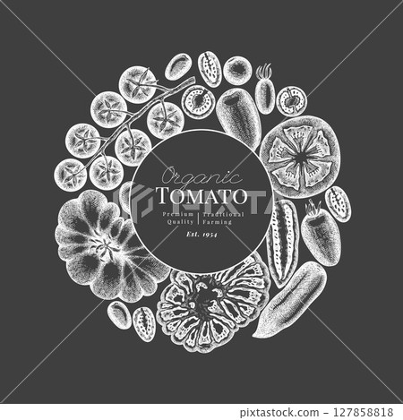 Hand Drawn Chalk Board Tomato Illustration. Retro Vegetable Vector Design Template. Old School Farm Food. 127858818